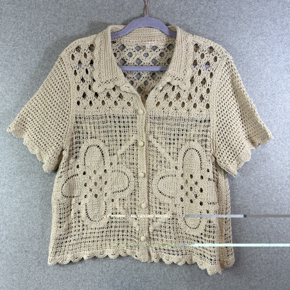 Skies are Blue shirt womens large button up knit crochet beige ivory